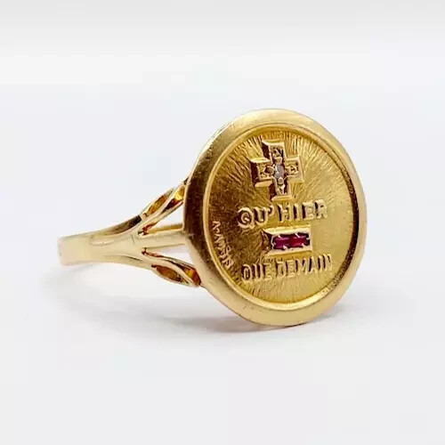 0.20Ct Baguette Lab Created Ruby Love medal AUGIS Ring 14K Yellow Gold Plated