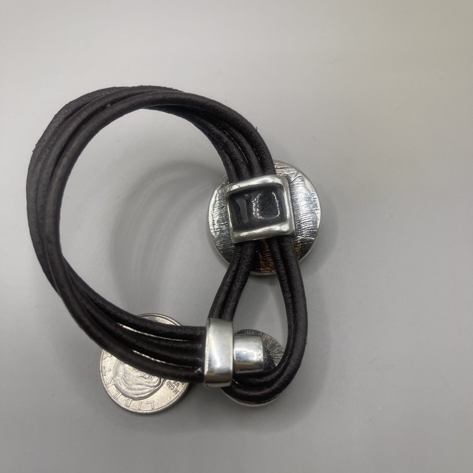 Leather Brown Cord Bracelet Jumbo Metal Clasp Crystal Rhinestone Lock 4 Strand
