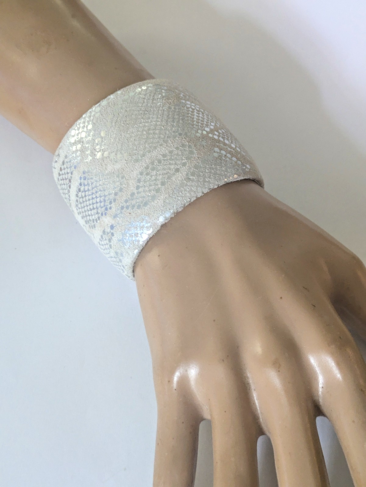 TED ROSSI NYC White & Silver Embossed Python Snake Skin Wide Cuff Bracelet