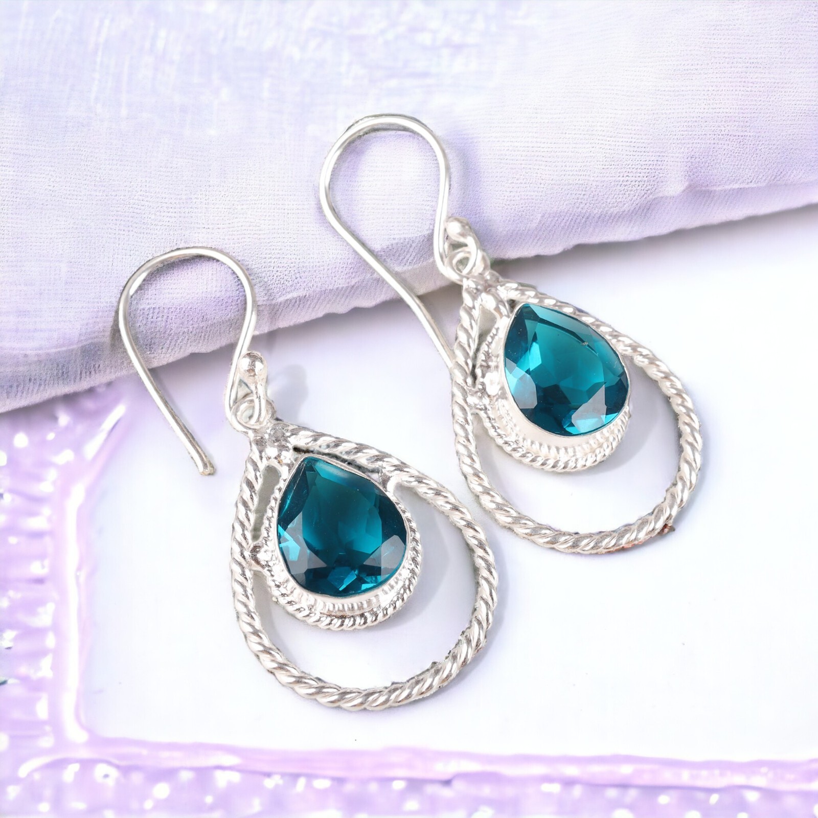 Sterling Silver Natural Apatite Gemstone Drop Earrings For Women Jewelry 1.7”