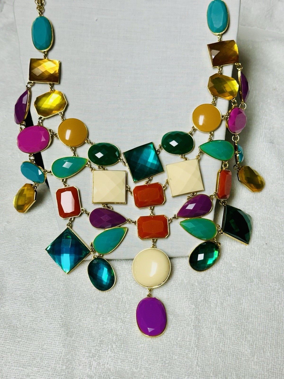 Statement HUGE Bib Colorful Blue Gold Purple Cabochon Collar Necklace n0115