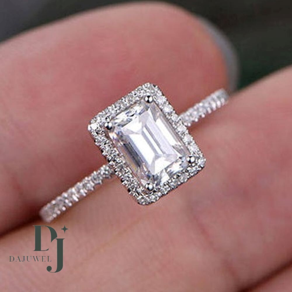 Moissanite Halo Engagement Ring Solid 14K White Gold 2.50 Carat Emerald Cut VVS1