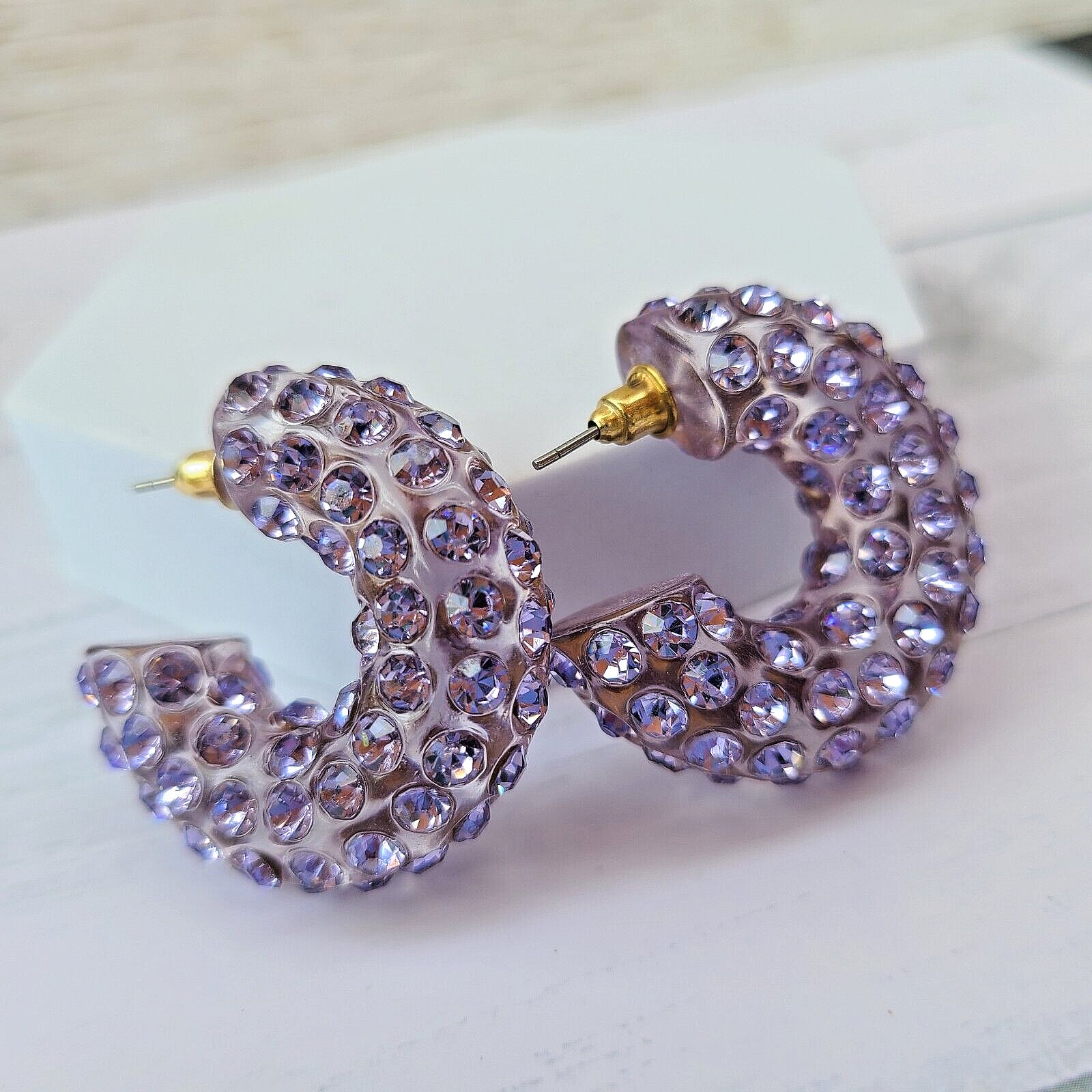Lavander Boho Statement Chunky Lucite Translucent Rhinestone Paved Hoop Earrings