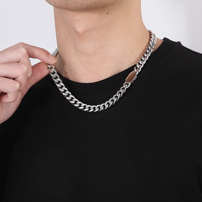 11mm Curb Chain For Mens Necklace Flat Cuban Stainless Steel Jewelry 24” Polish