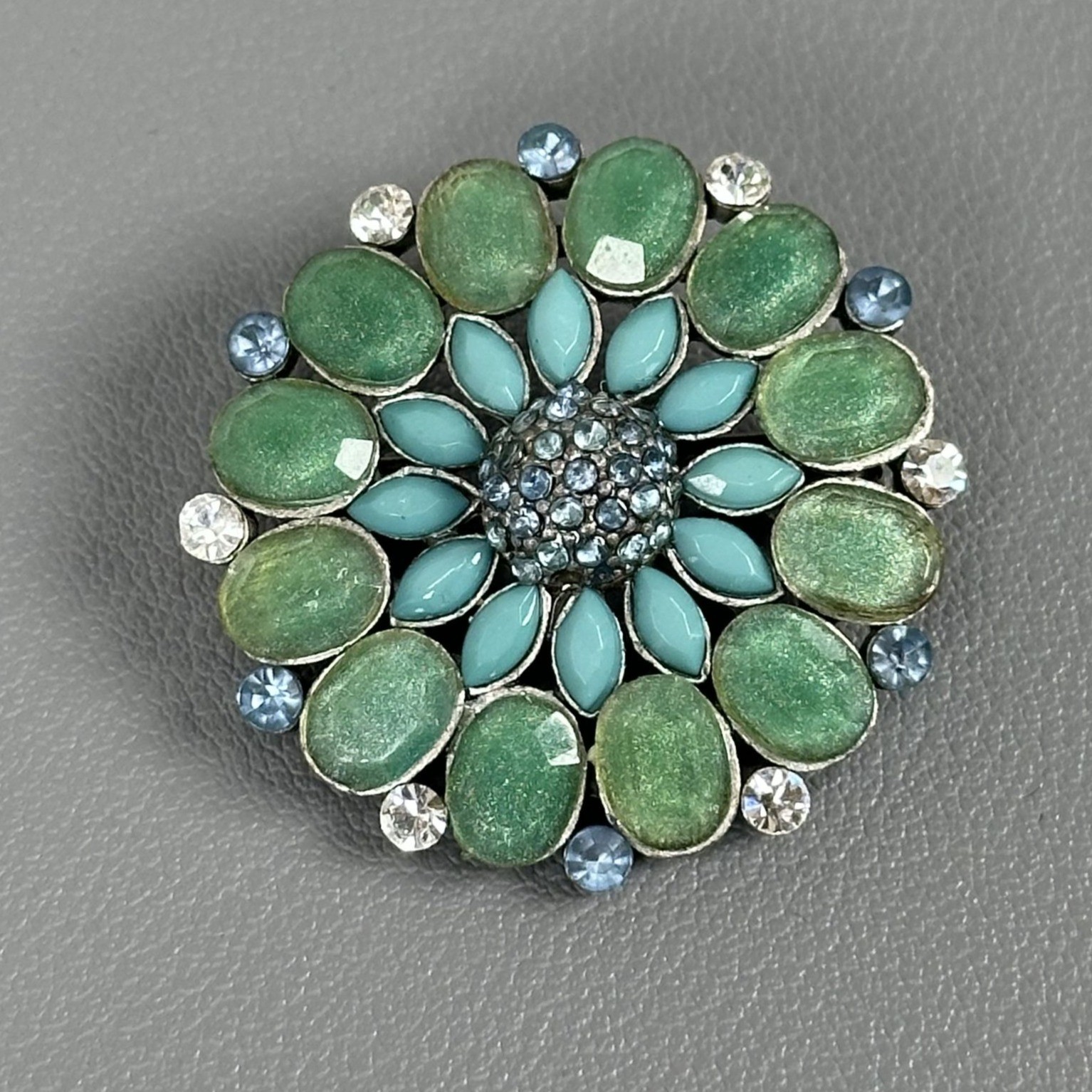 Flower Brooch W/ Sparkly Green & Blue Resin Rhinestones Silver Tone Metal Base