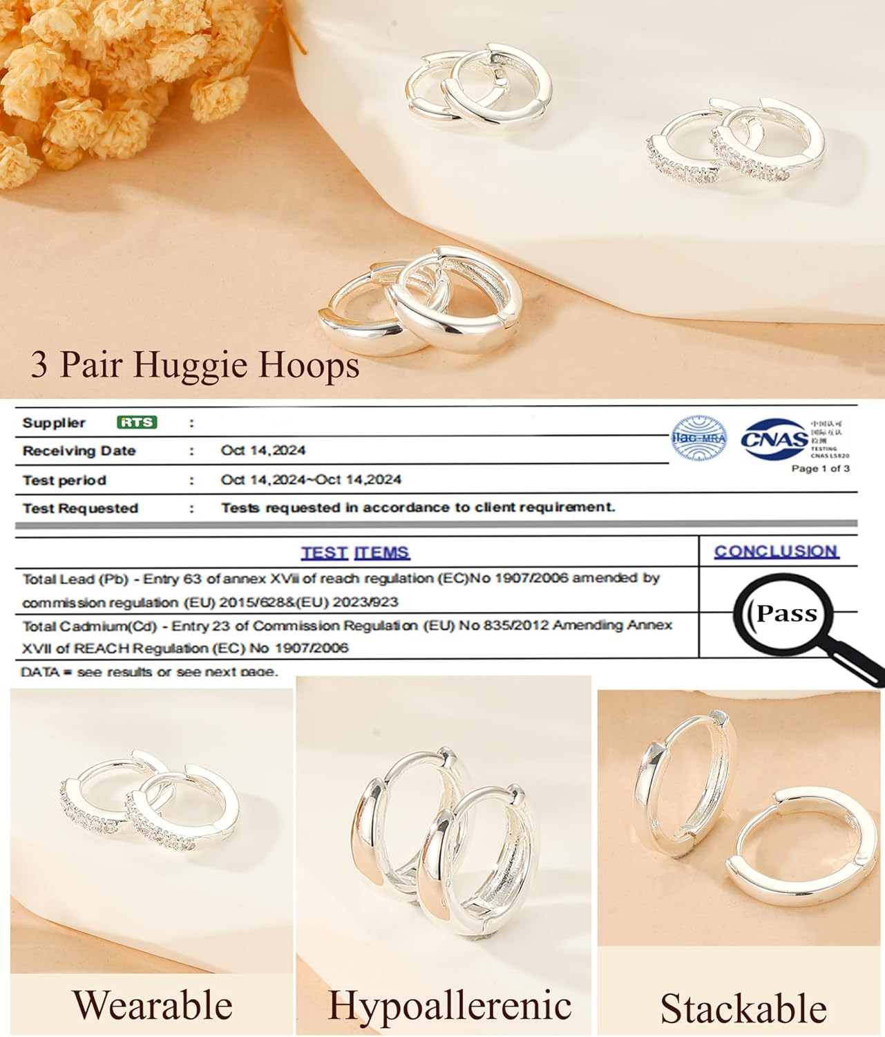 Jewelry for Her Gift 3 Pairs 925 Sterling Silver Earrings for Women Non Tarnish