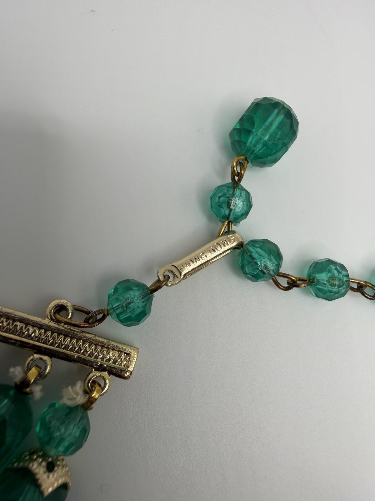 Hong Kong Vintage Vibrant Green Bead Triple Strand Necklace~Signed