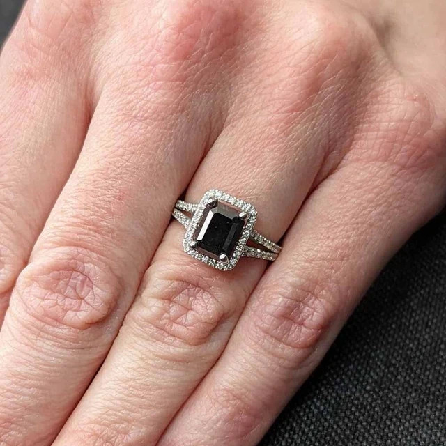 Black Emerald Cut Moissanite Halo Engagement Ring 925 Silver 14K Vermeil Ring