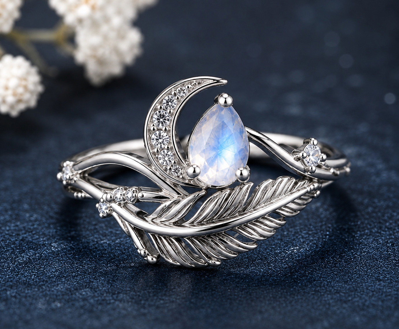 925 Sterling Silver Moonstone Feather Moon Ring CZ Open Adjustable Women Gift