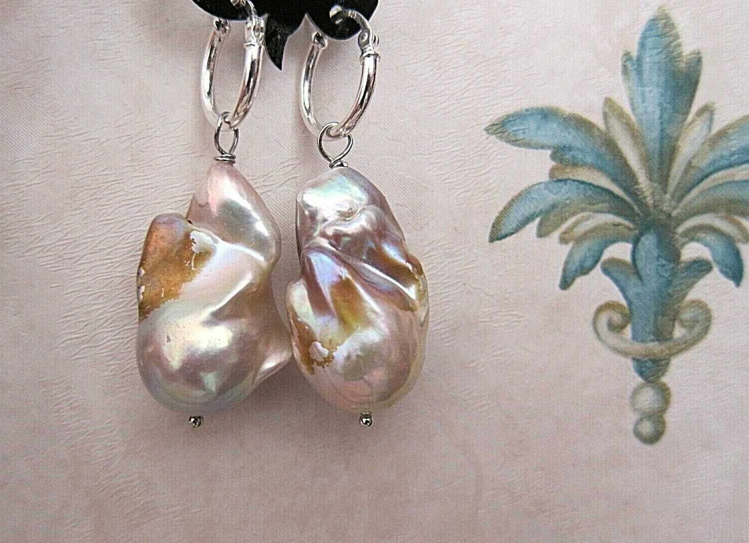Huge Purple South Sea Keshi Reborn Pearl Drop Earrings on Silver Hoop 25 29mm.