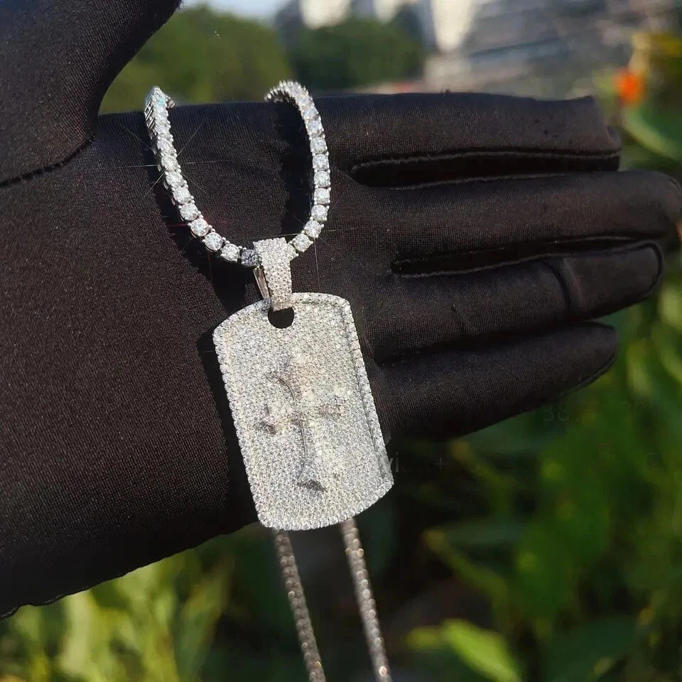 3 Ct Natural Moissanite Cross Dog Tag Pendant 14K White Gold Plated Silver