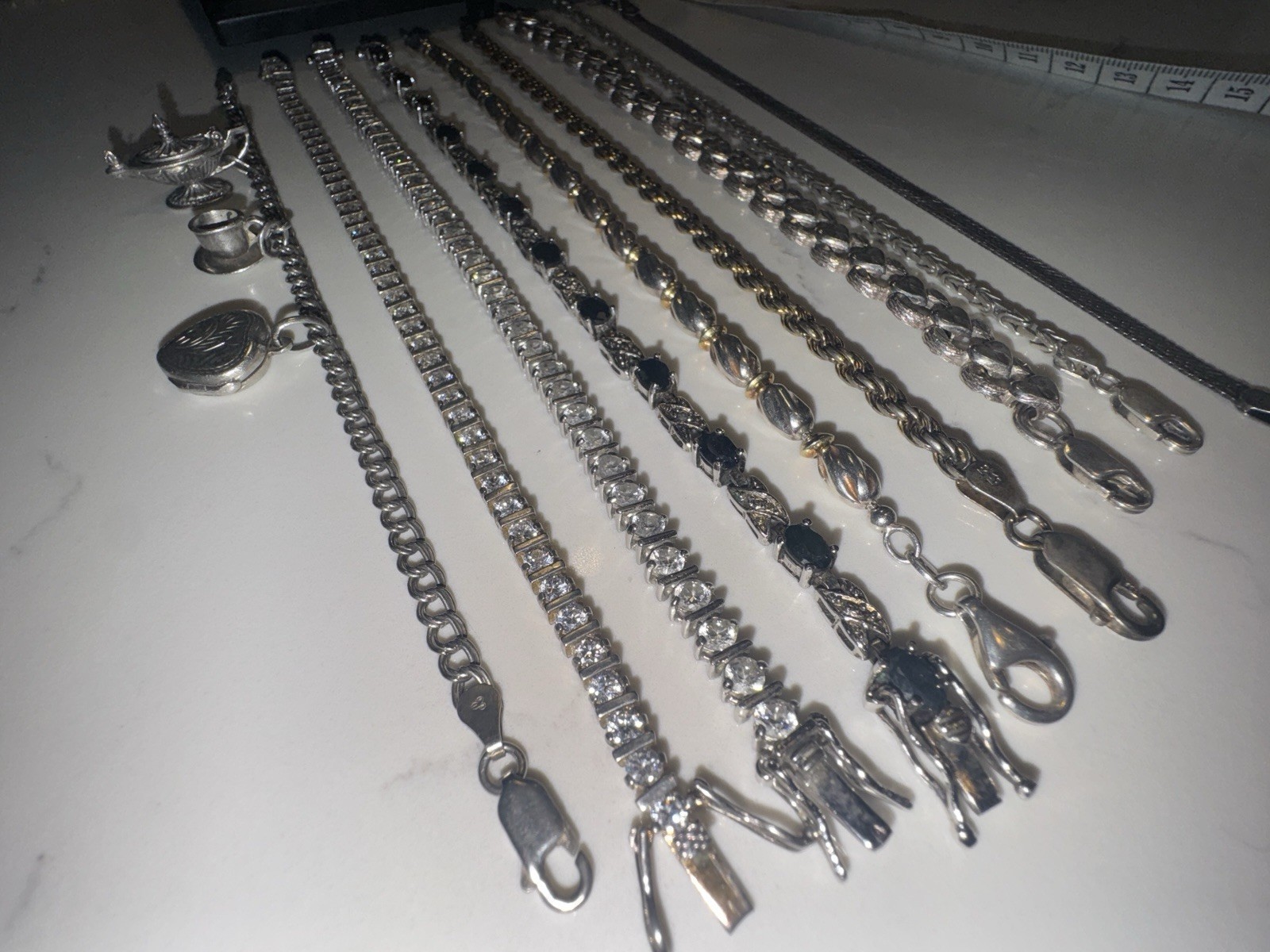 Sterling 925 7-7.5” Bracelet Lot of 9 – Melee, Tennis, Byzantine, Charms, more