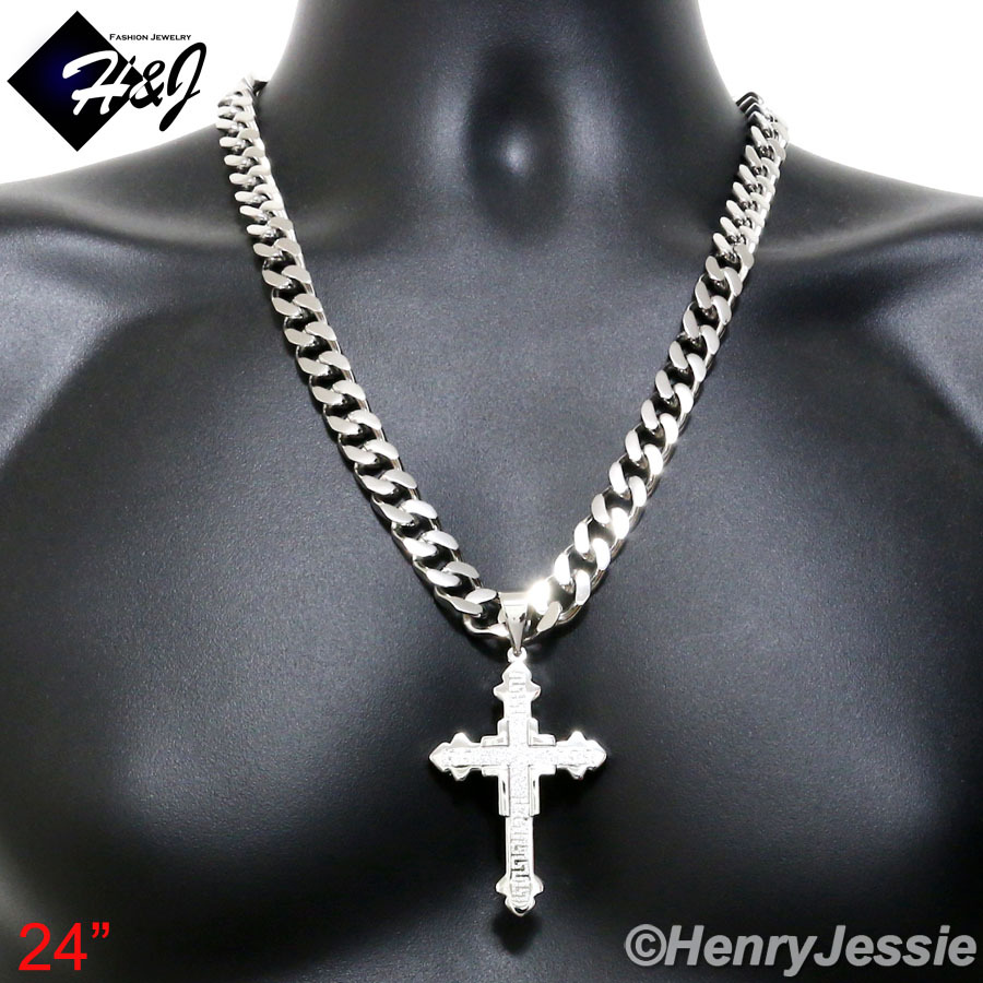 18-40″MEN Stainless Steel WIDE 11mm Silver Cuban Curb Necklace Cross Pendant*K20