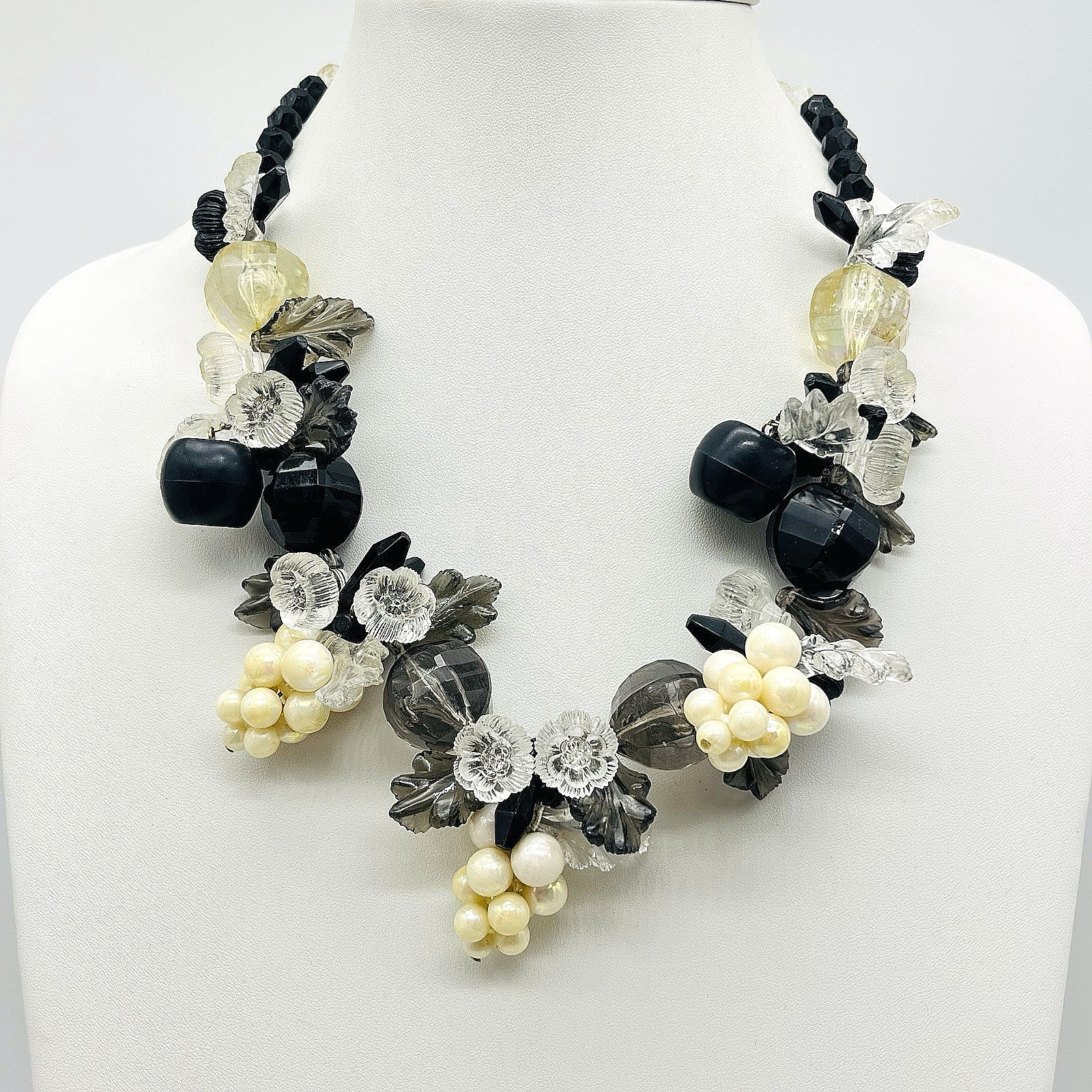 Chunky Black Cream Necklace Grape Cluster Leaf Lucite Floral Bib Statement