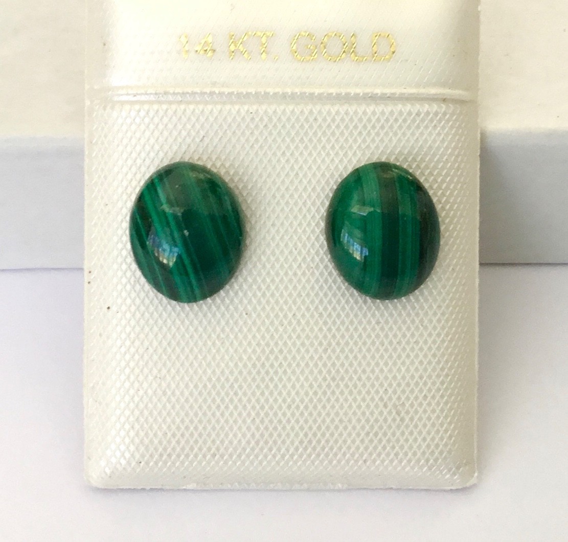 Genuine Natural Malachite Cabochon In Solid 14K Gold Stud Earrings NEW