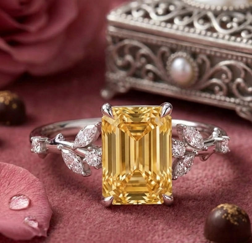 RARE 4.40 Ct Certified Emerald Cut Yellow Natural Diamond Ring White Gold Finish