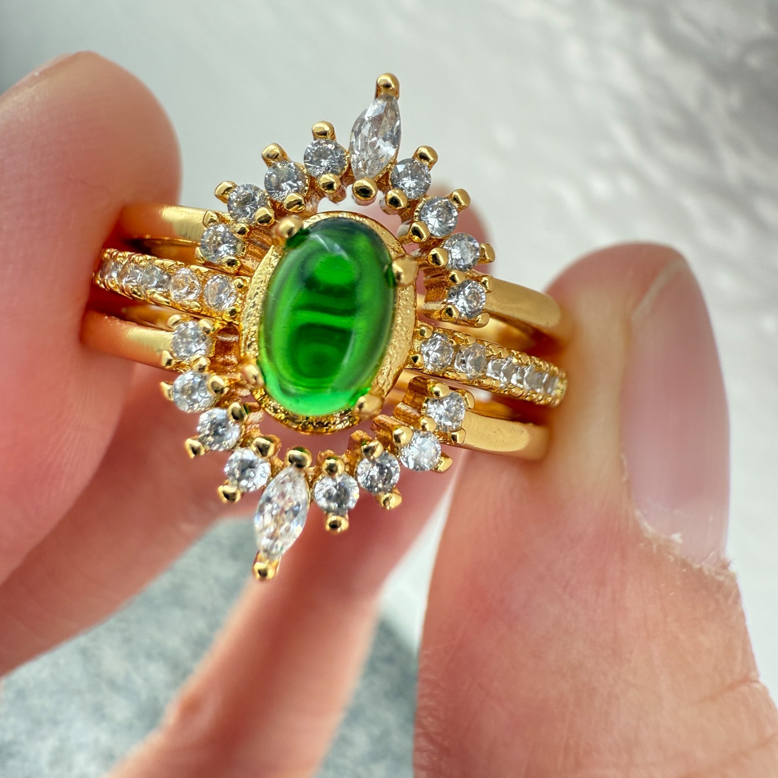 925 Sterling Silver Ring 3in1 6x4mm Green Natural Emerald Gemstone Zircon Flower