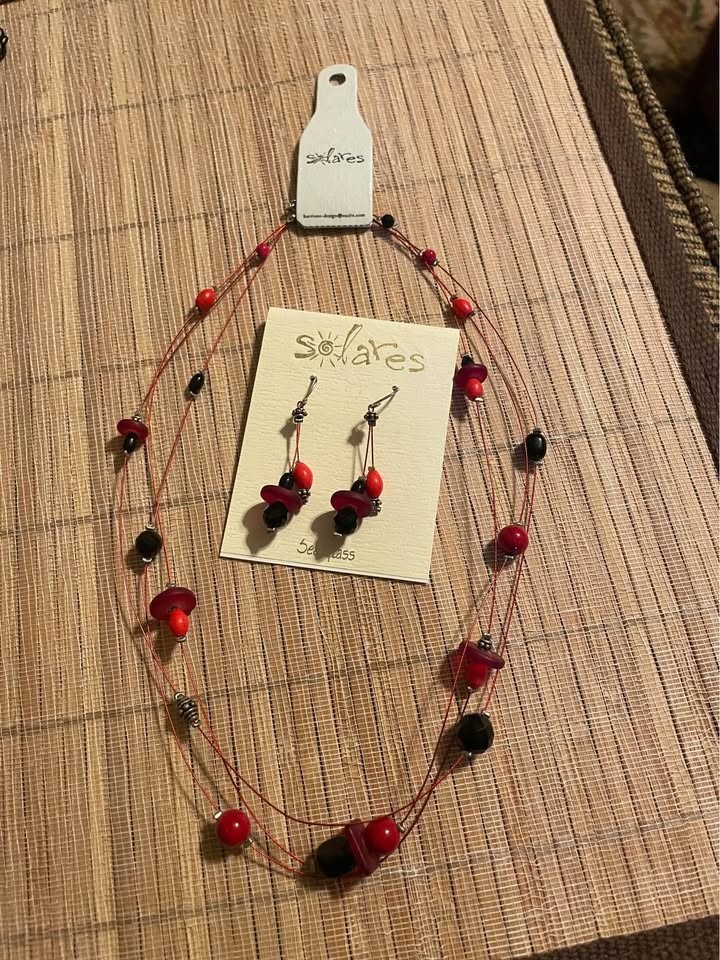 Solares Red Black Sea Glass Multi Strand Necklace Dangle Earrings Set NWT