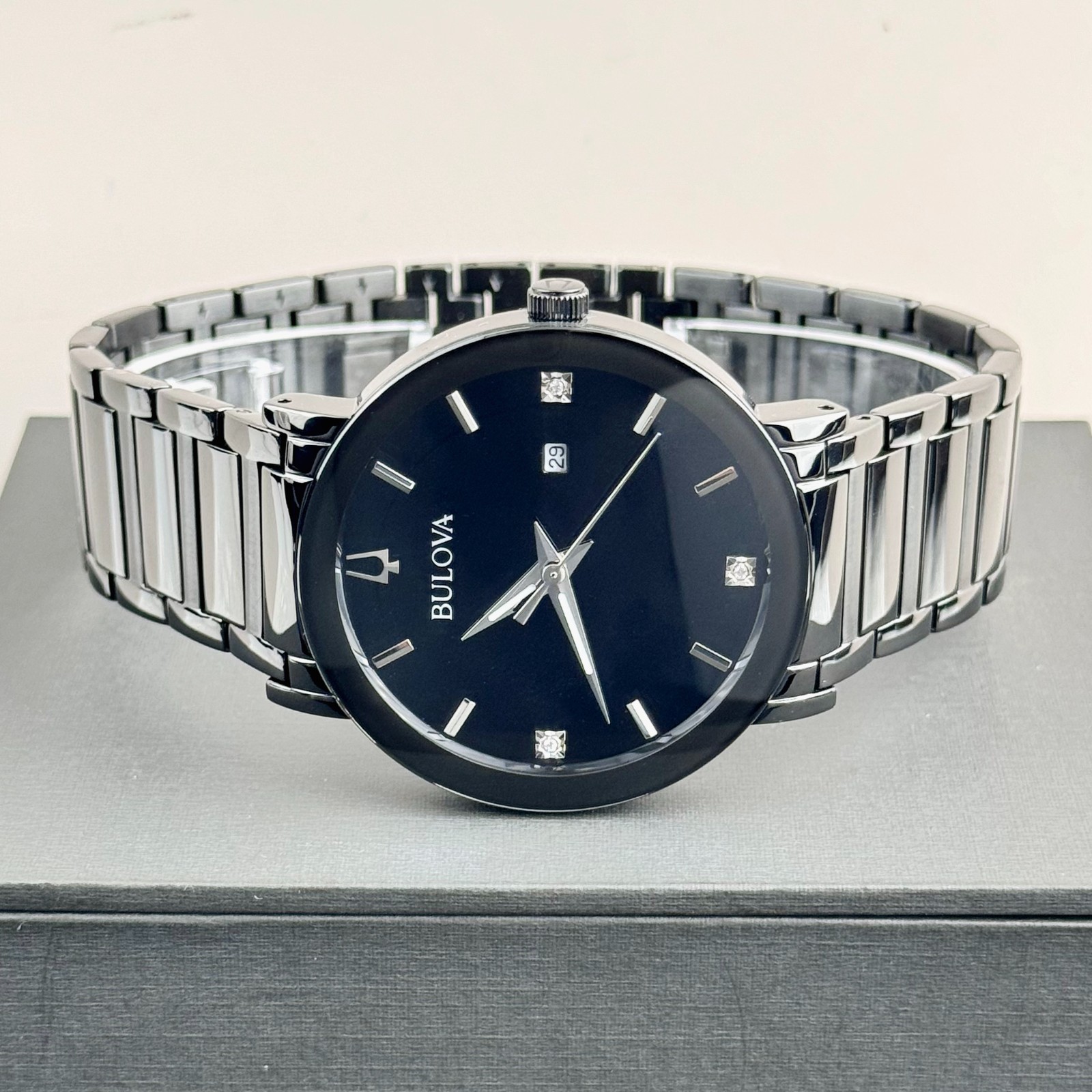 BULOVA Men’s Futuro Modern 98D144 Black Quartz Diamond Calendar Watch 42MM