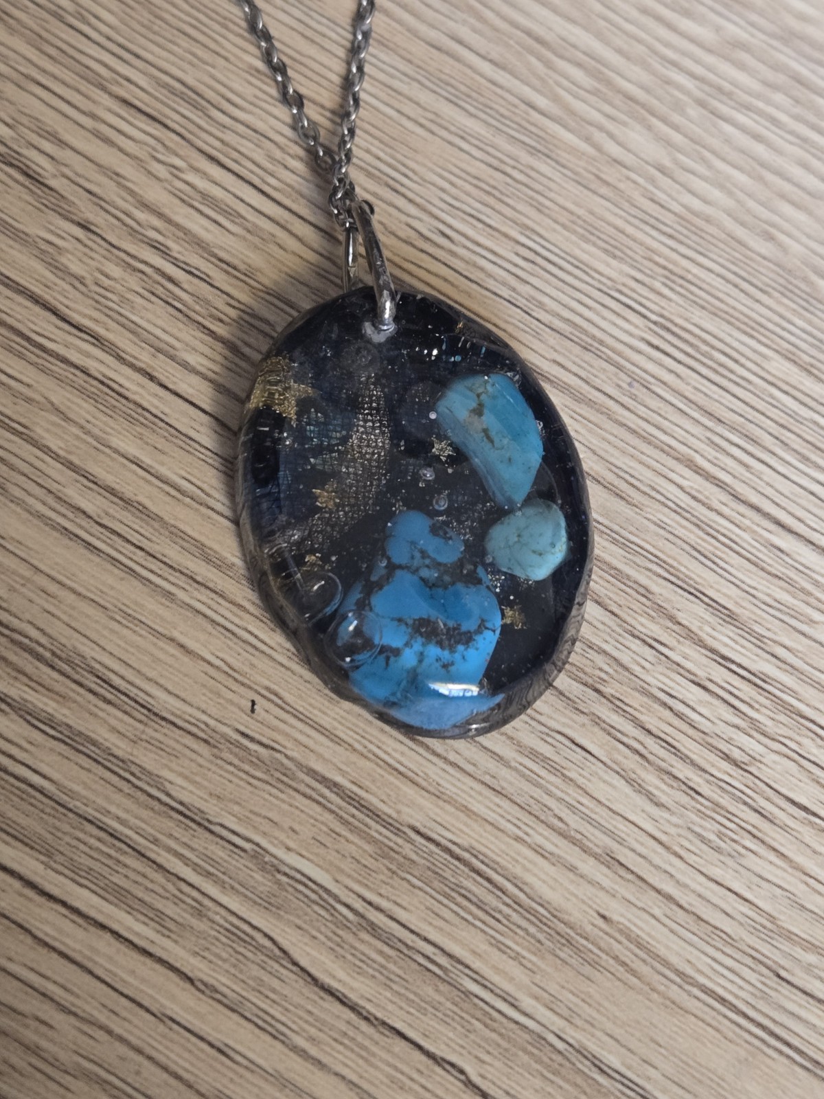 Turquoise Galaxy Resin Pendant Artisan Necklace 20 Inch Stainless Steel Chain