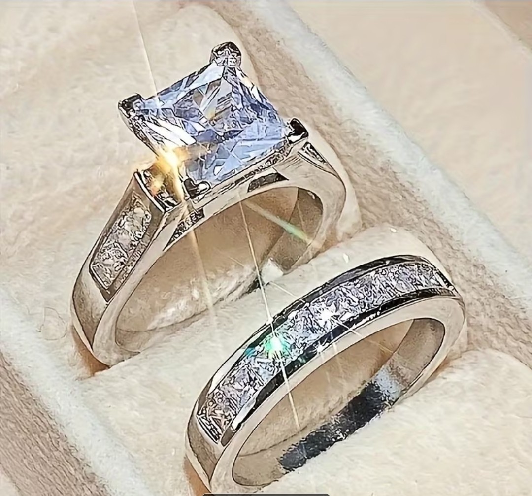 Set of 2 Square Synthetic Cubic Zirconia Engagement Rings, Size 5