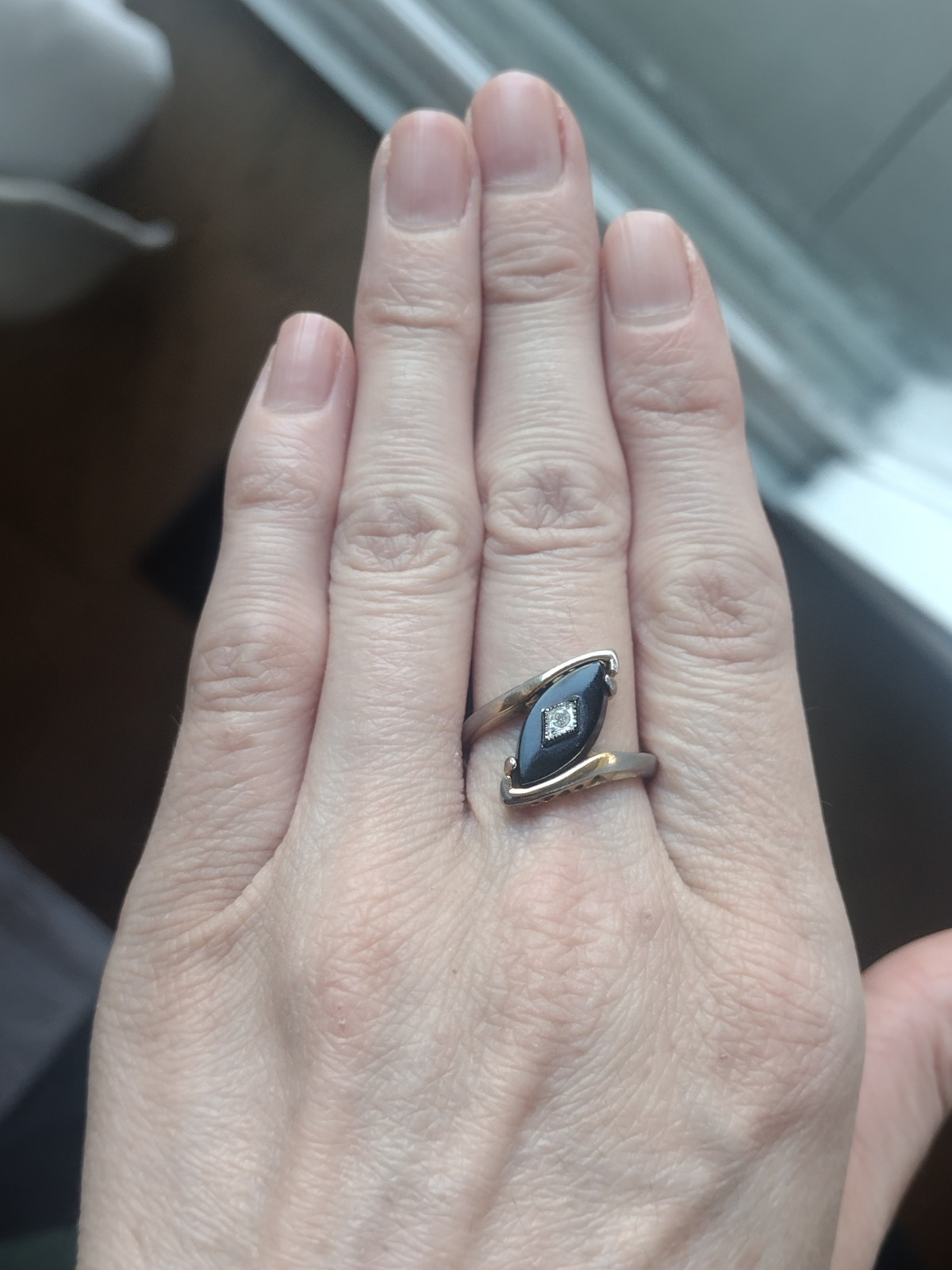 Vintage Bypass Cocktail Ring Marquise Black Stone Crystals 18K Gold Plated