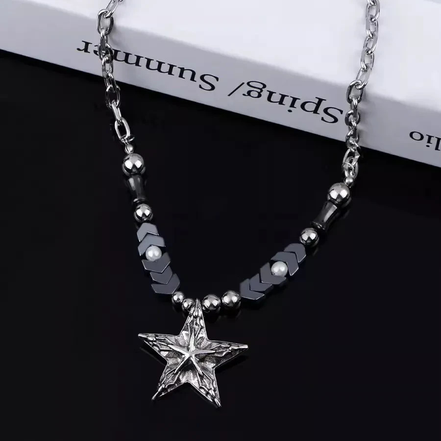 Gothic Retro Star Pendant Necklace Grunge Beaded Titanium Steel Punk Unisex Gift
