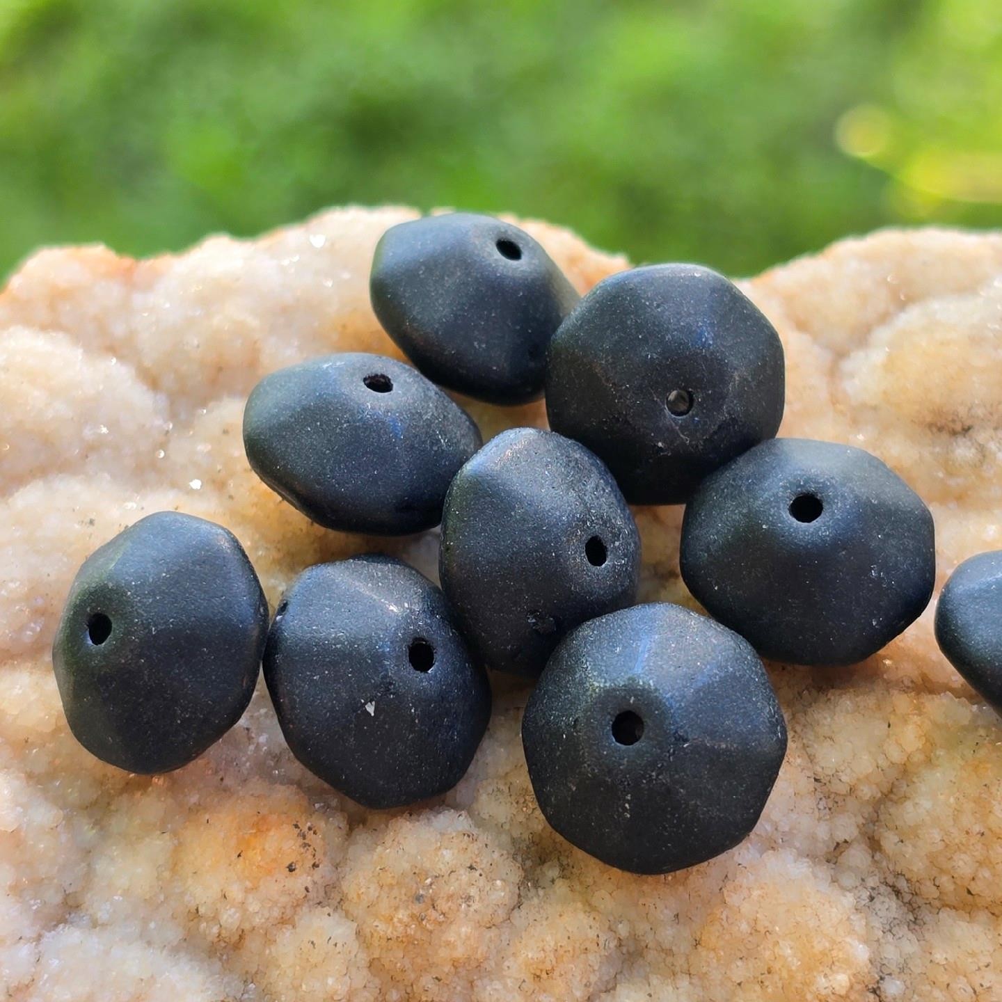 Vintage Matte Black Frosted German Glass Faceted Bicone Beads Brutalist 8pc