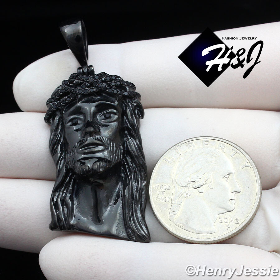 18-40″MEN Stainless Steel 6mm Black Plated Cuban Chain CZ Jesus Face Pendant*133