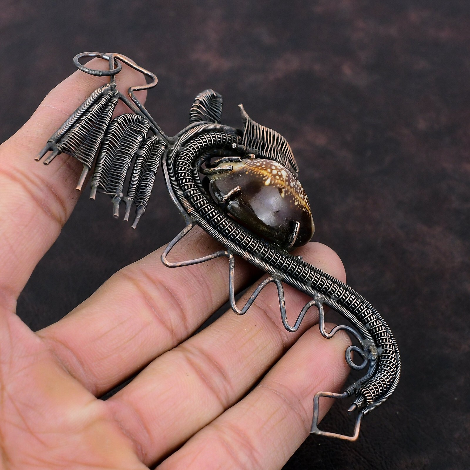 Cowrie Shell Wire Wrapped Dragon Pendant Handcrafted Copper Gift Jewelry 4.45″