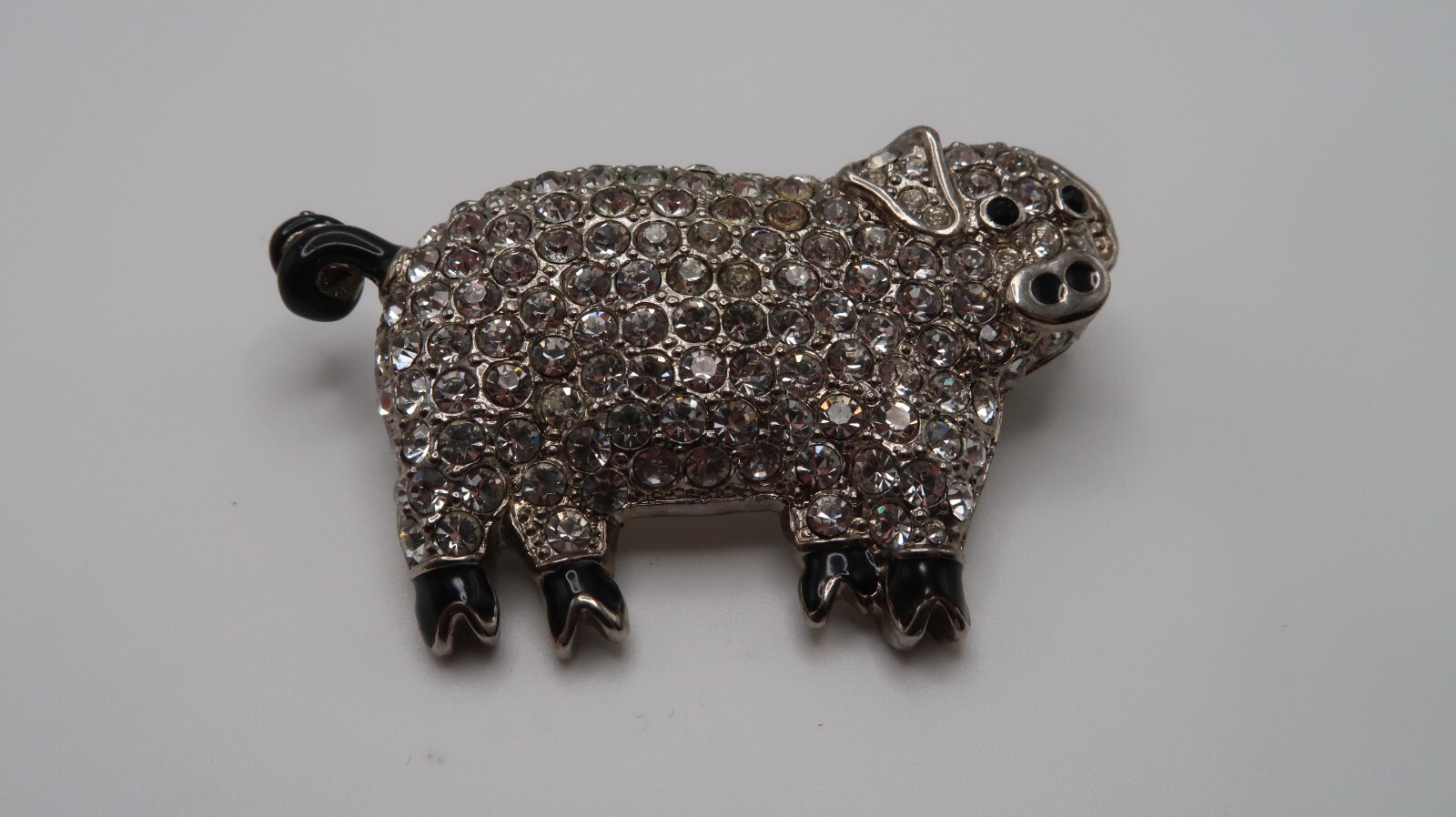 Vintage Silver Rhinestone Pig Brooch 5.5cm BB11