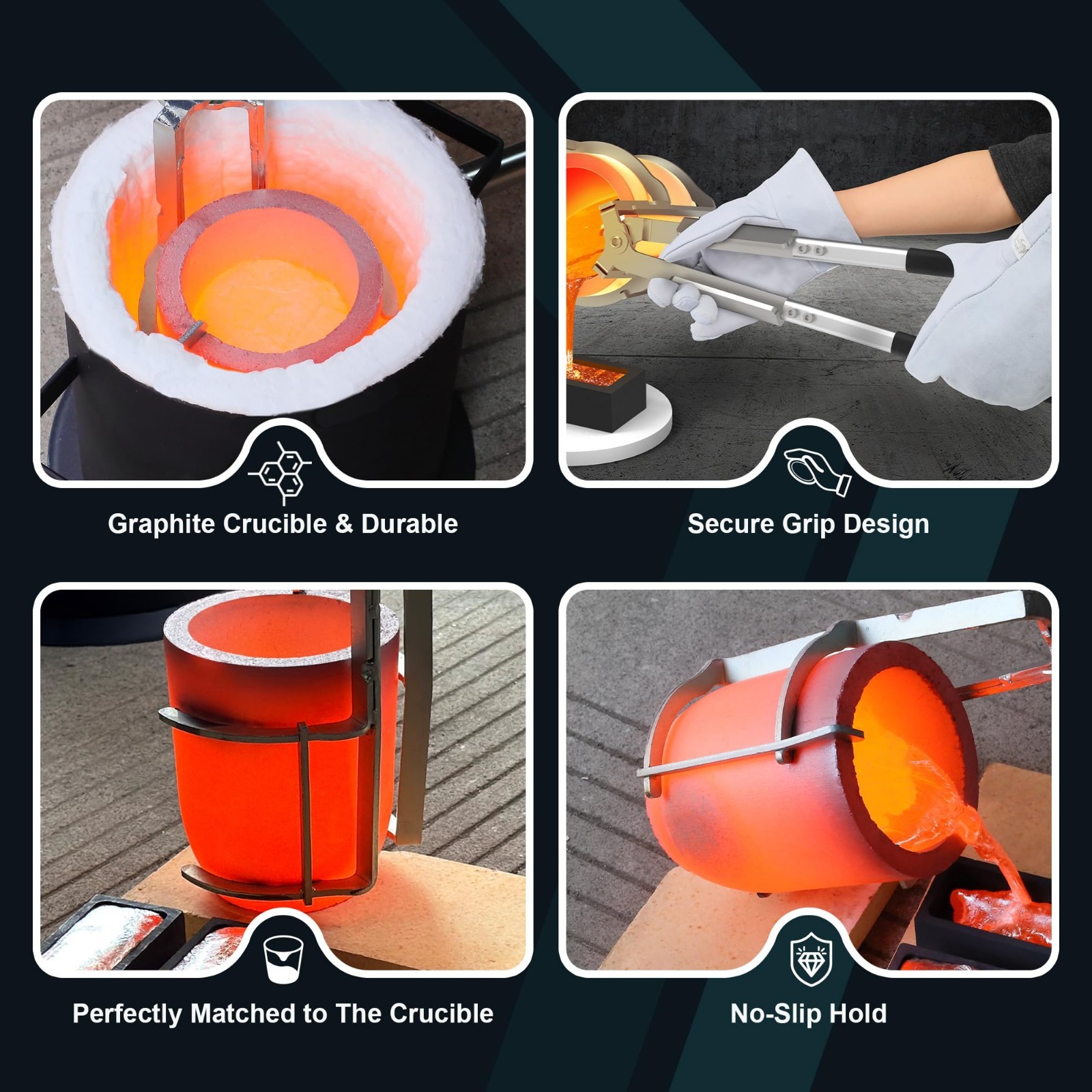 10kg Crucible Tongs Set for Metal Melting & Pouring, Graphite Mold & Gloves, Cas