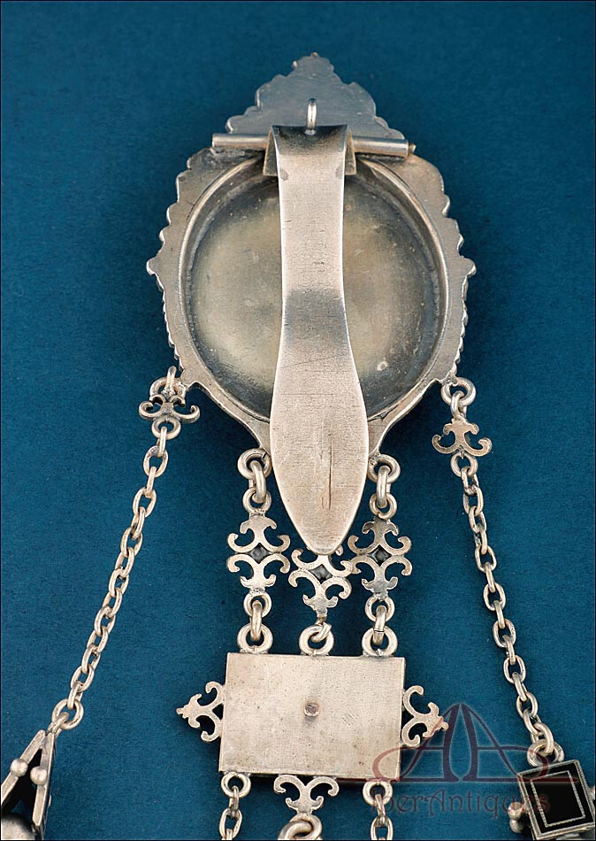 Antique French Chatelaine Silver-Plated Metal and Enamel. France, Circa 1840