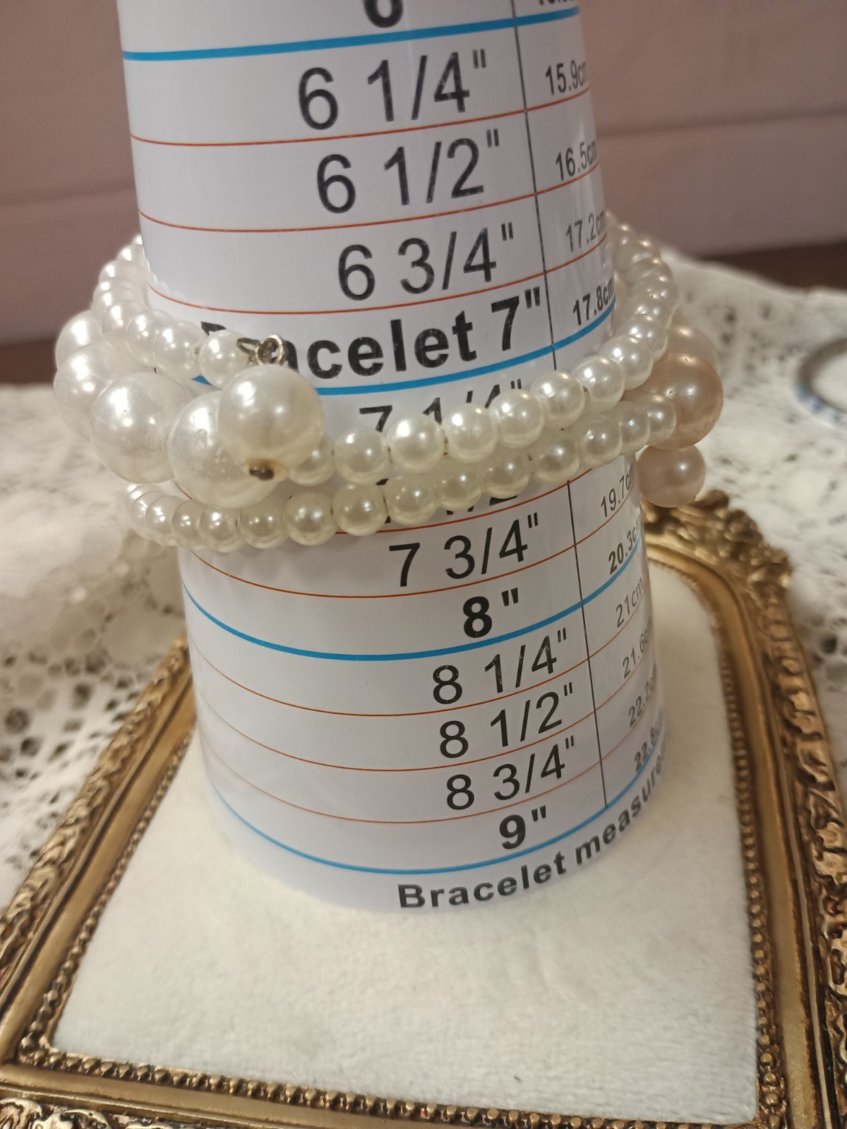 White Imitation Pearl Multi Strand Beaded Stretch Bracelet, Dangle Charm, 7 in