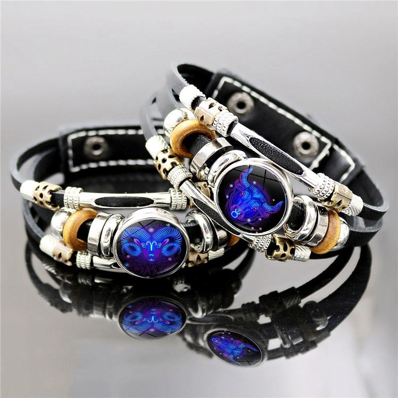 Zodiac Signs Spirit Bracelet, Beaded 12 Constellation Zodiac Leather Bracelet