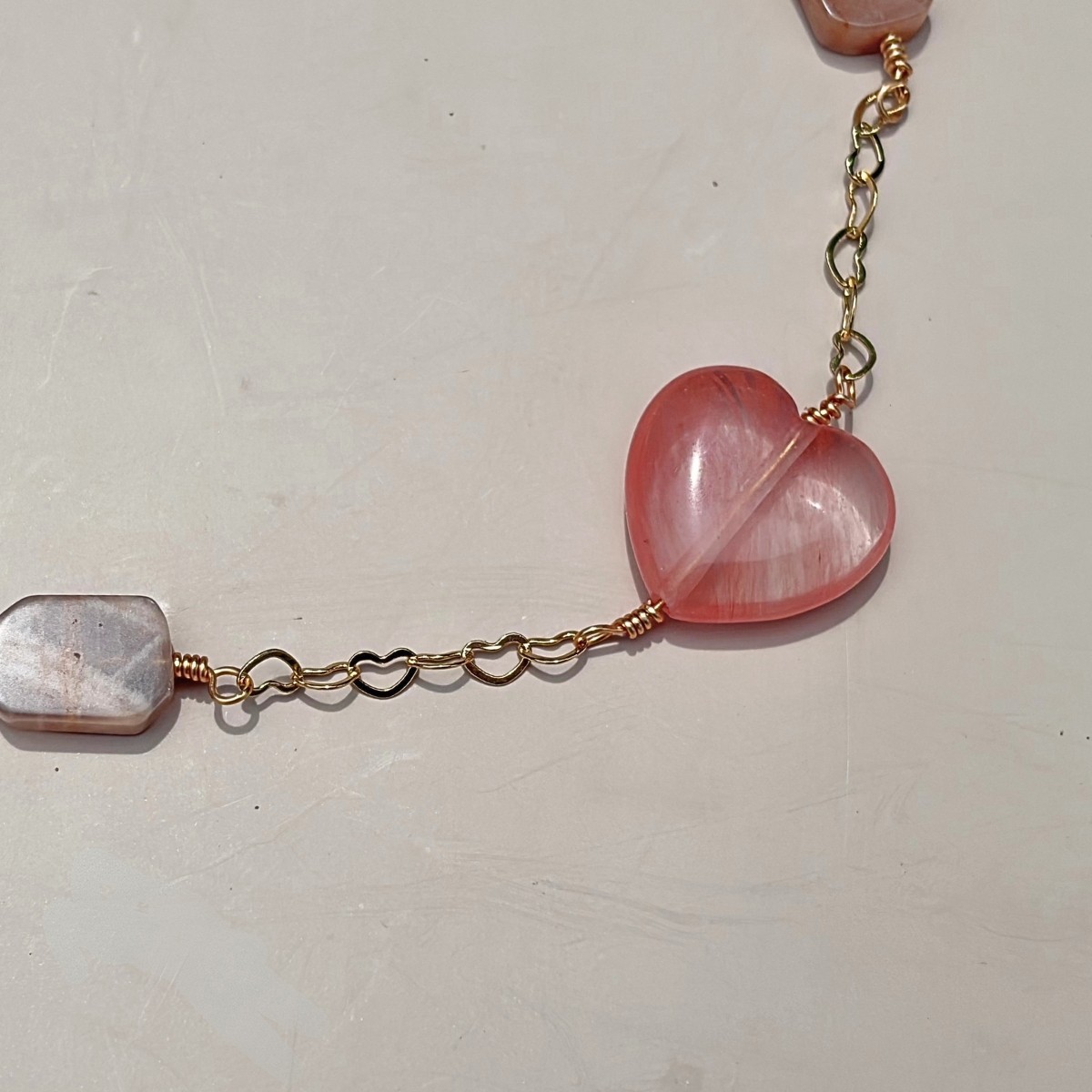 Sun Kissed Heart Sunstone Watermelon Quartz Wire Wrapped Necklace 15–17 in