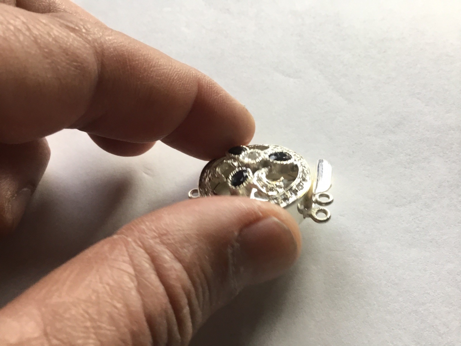Silver plated brass ,box-tab Clasp for Jewelry w/dark blue sapphire & clear CZ