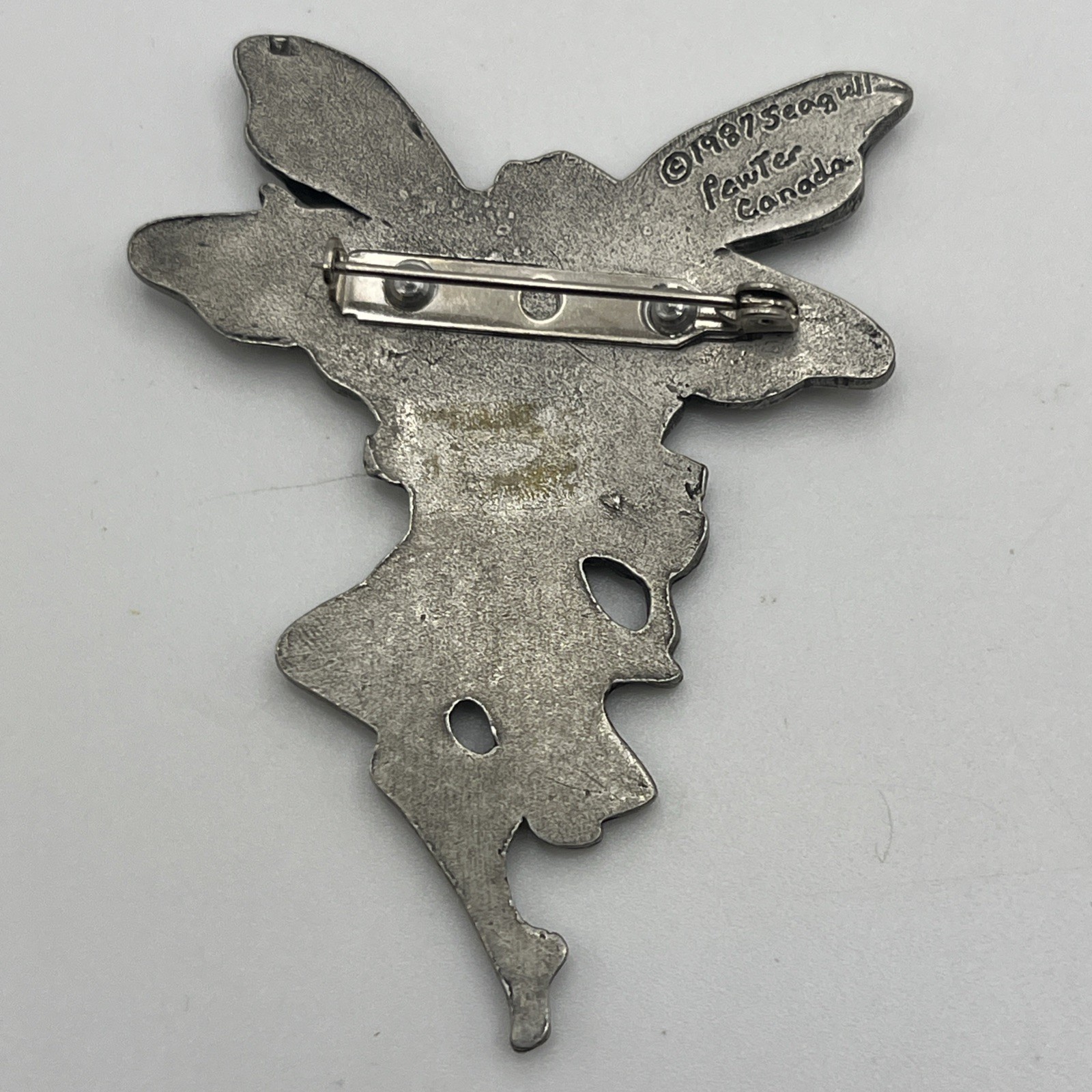 Signed Seagull Pewter Brooch Whimsical Lady Fairy Canada Vintage