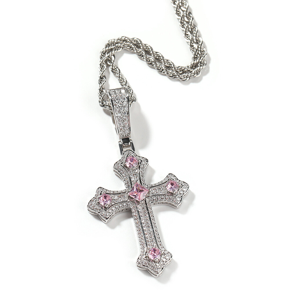 Hip Hop Pendant Rope Chain Necklace Cross ICED AAA+ CZ Bright Silver Plated
