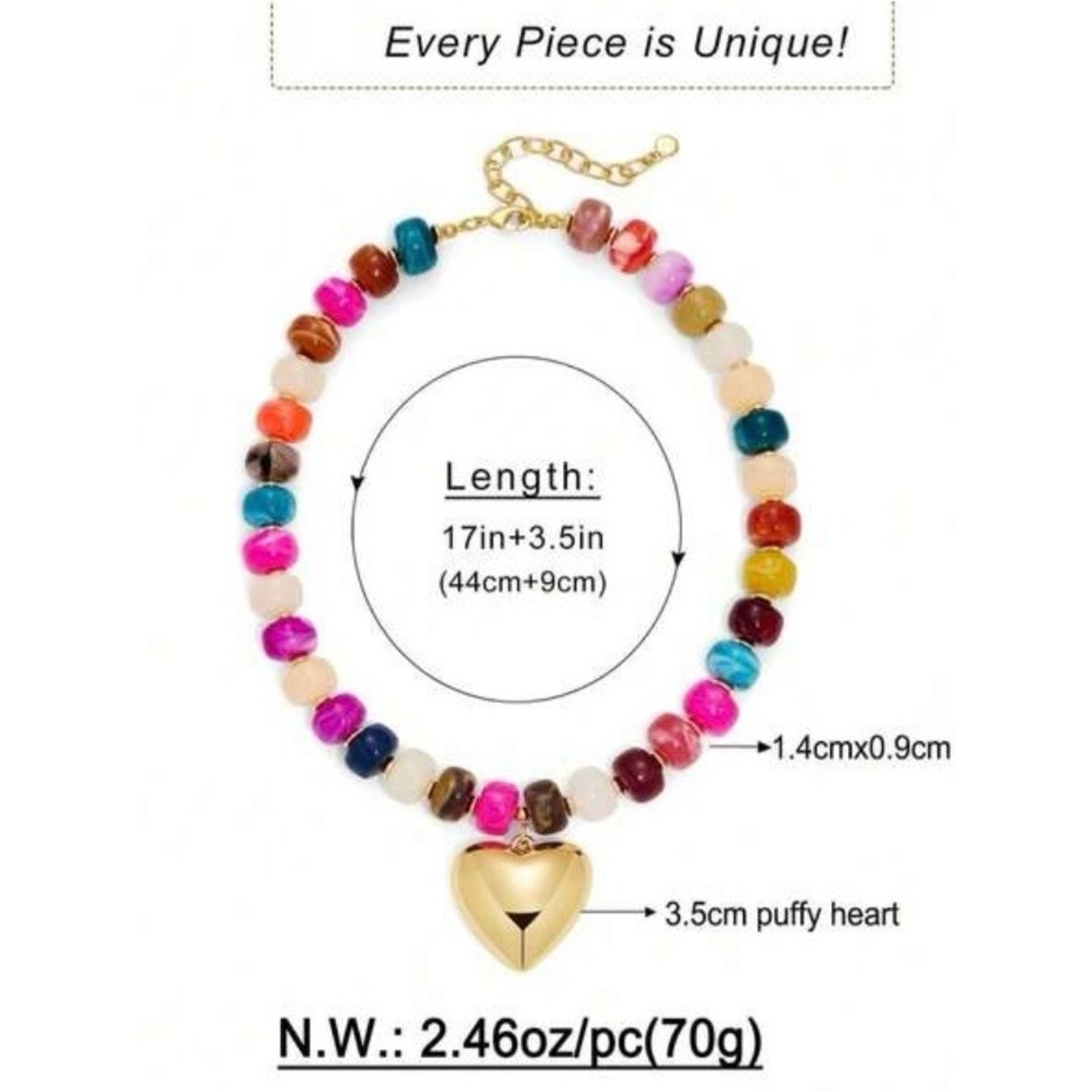 Multi-Color Bead Necklace with Gold Heart Pendant