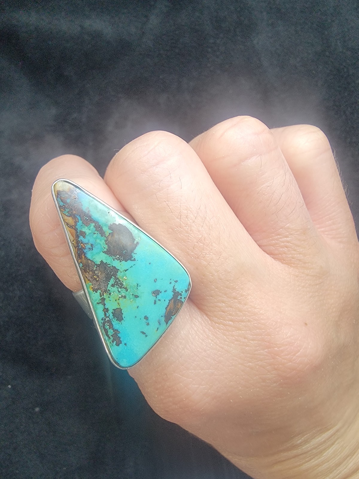 Big Blue Green Royston Turquoise Stone Adjustable Ring Signed 925 Sterling 13.5g