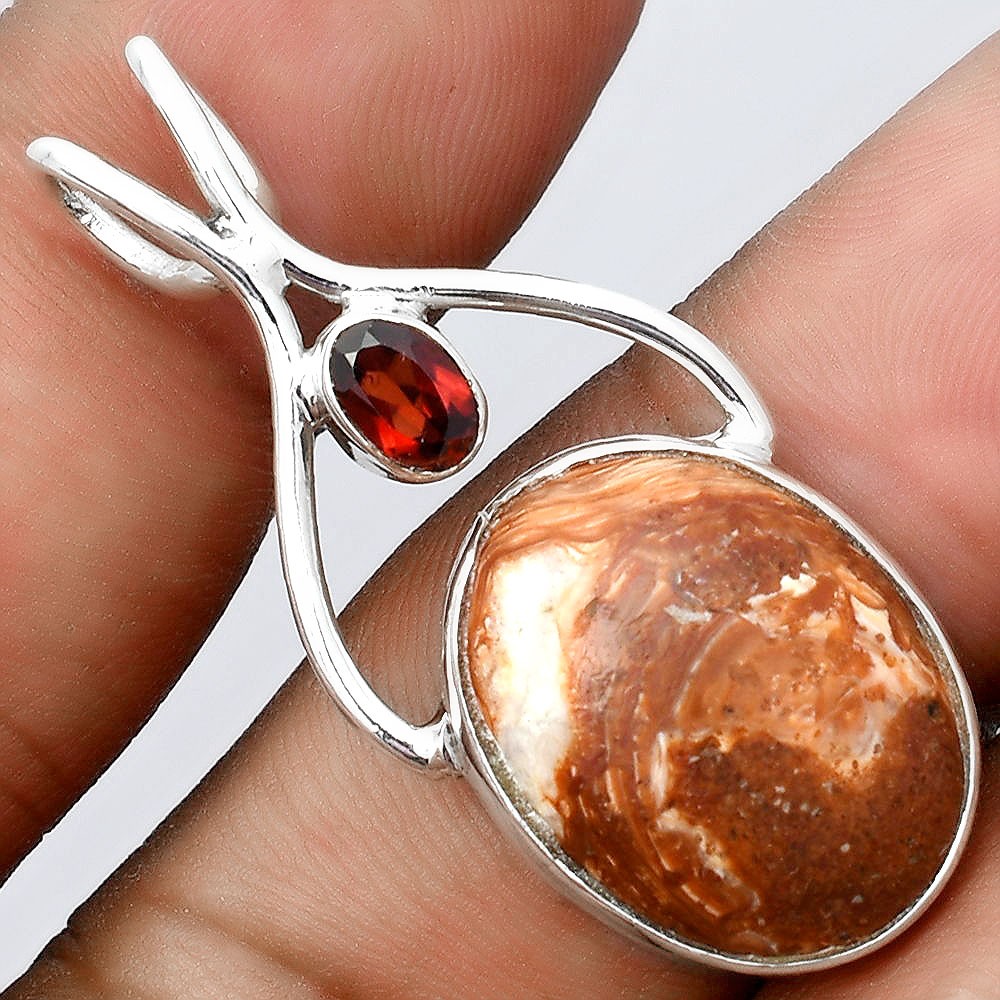 Natural Caramel Opal and Garnet 925 Sterling Silver Pendant Jewelry P-1038