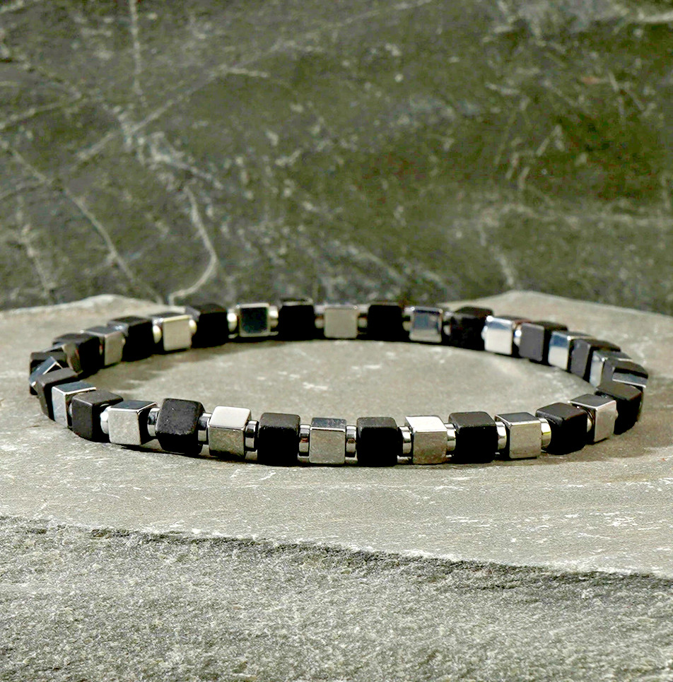 Men’s Black Tourmaline Hematite Square Bead Bracelet Stretch Jewelry Gift