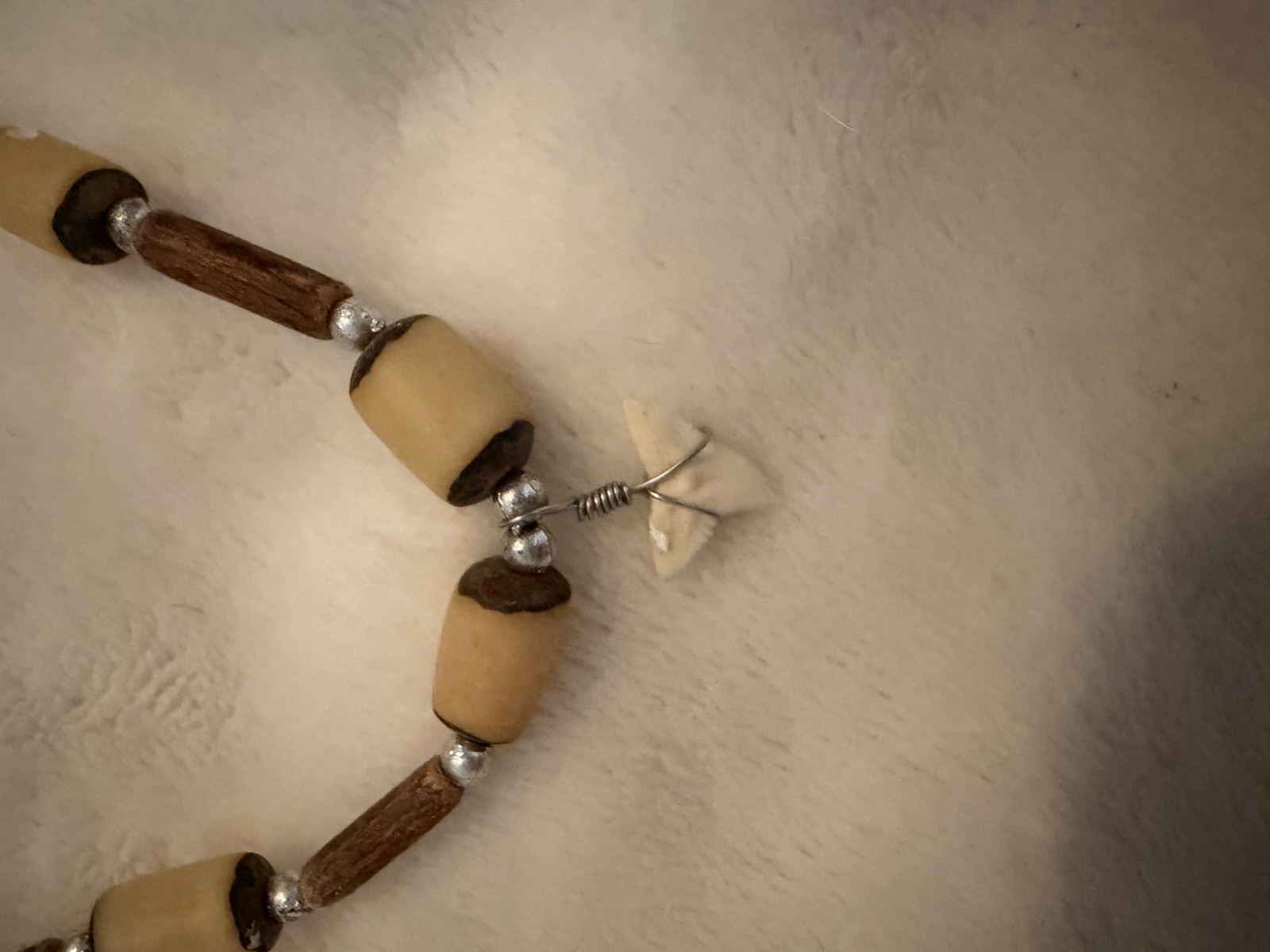 Brown Beige Wood & Plastic Beaded Necklace w/ Silver Cross Charm, Screw
