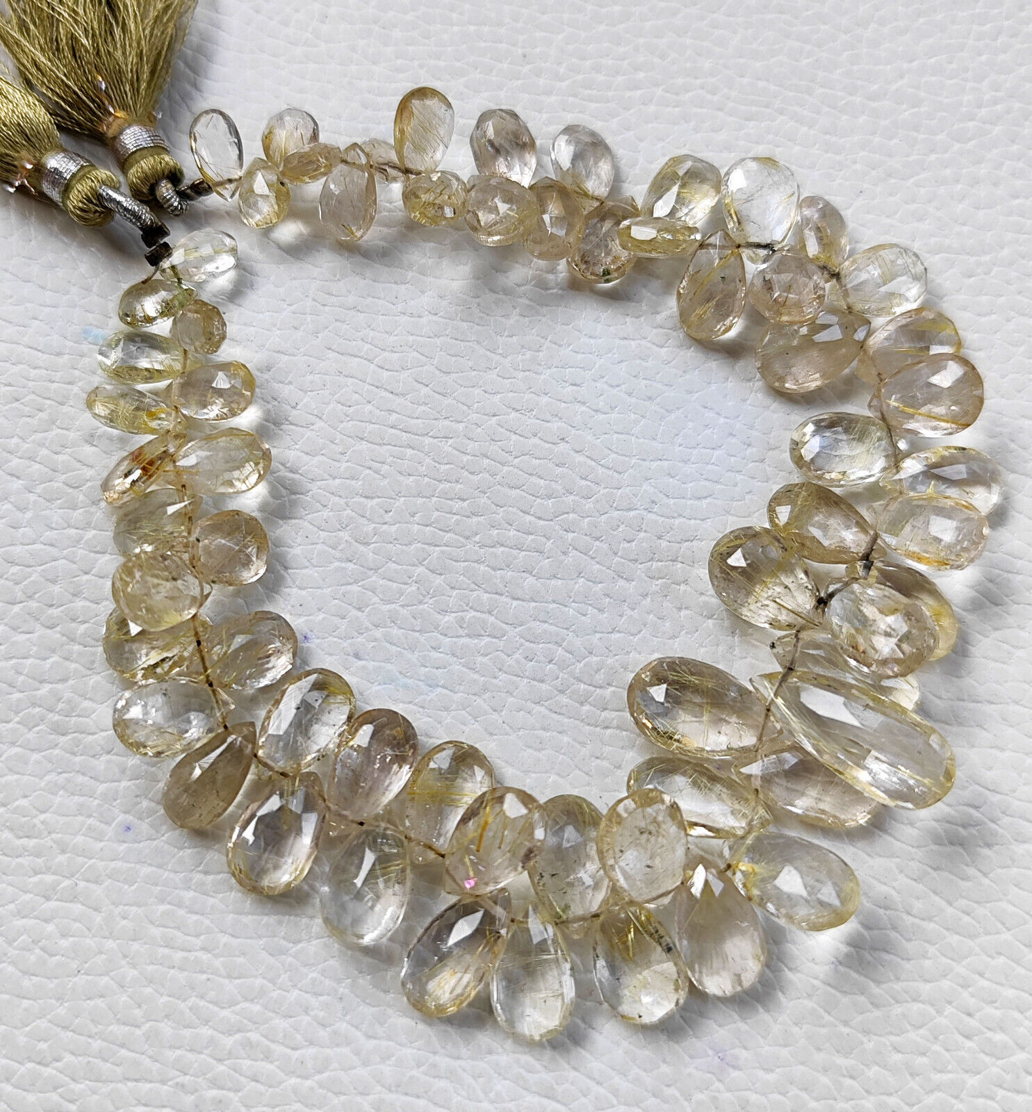 Natural Golden Rutile Quartz Gem 7×5 to 13x8mm Size Faceted Pear Beads 9″