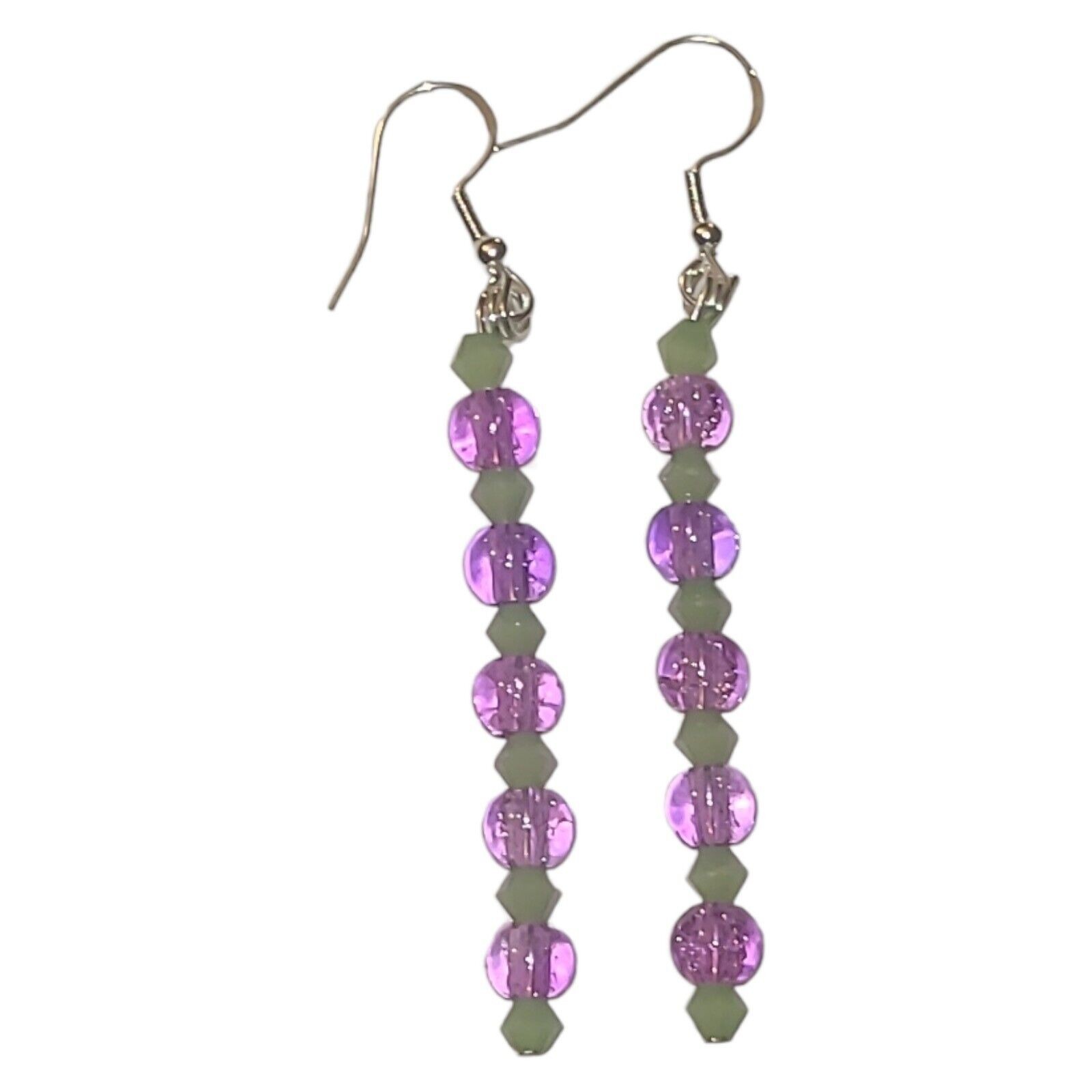 Sterling Silver 925 Purple Acrylic & Green Crystal Glass Bead Dangle Earrings 3″