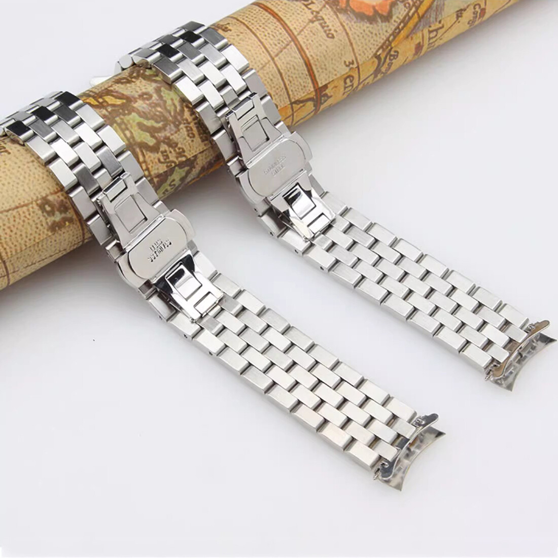 16mm-26mm Straight+Curved End Metal Bracelet Stainless Steel Watch Band Strap