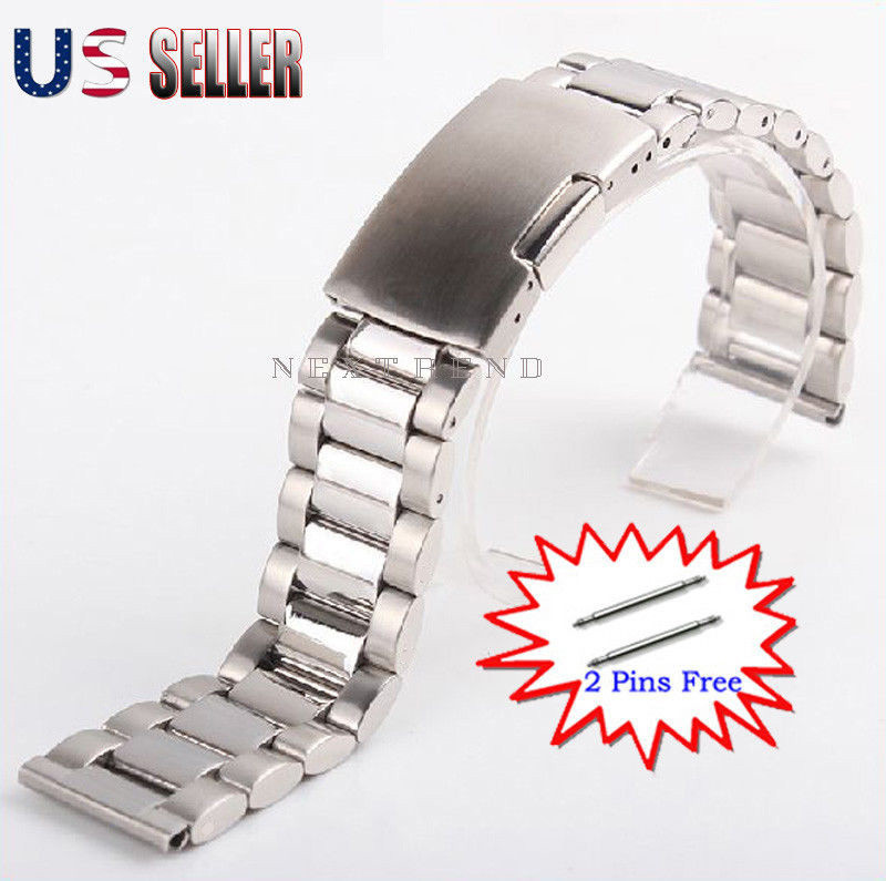 Solid Stainless Steel Strap Watch Deployment Band With Push Button Lock Buckle