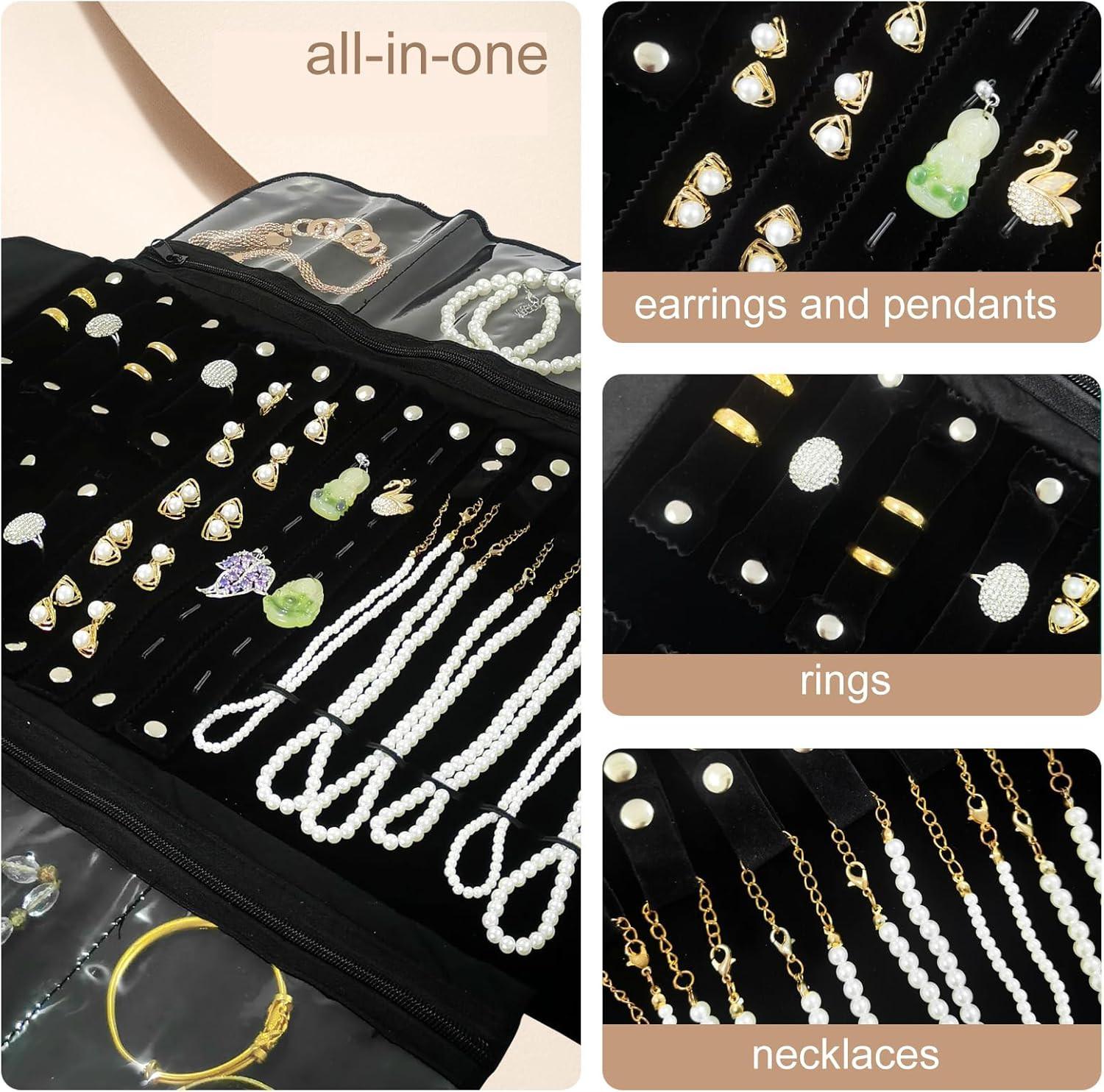 Velvet Travel Jewelry Case Roll Bag Organizer for Necklace Bracelet Earrings