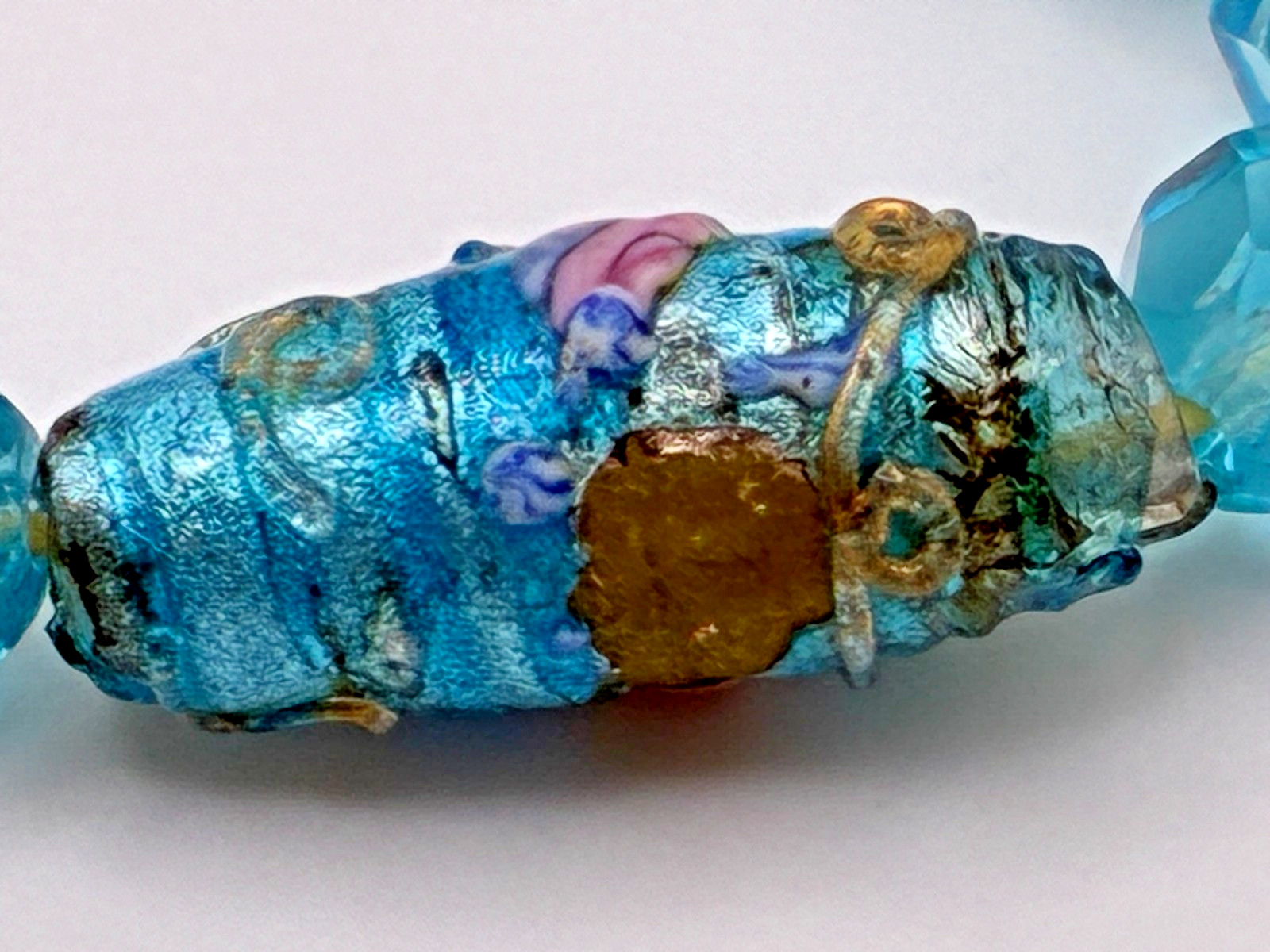 Antique Murano Venetian Glass Aqua Blue Wedding Cake Crystal Bead 39″ Necklace